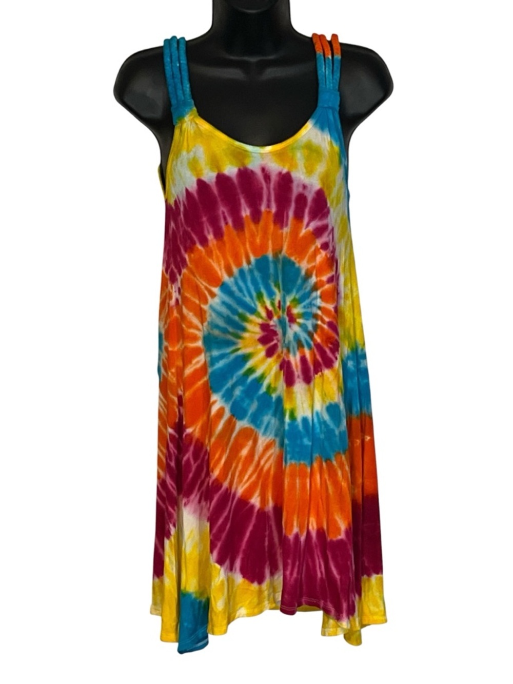 Kamana Vibrant Rainbow Colorful Swirl Tie Dye Dress Tunic with Braid Straps NWT